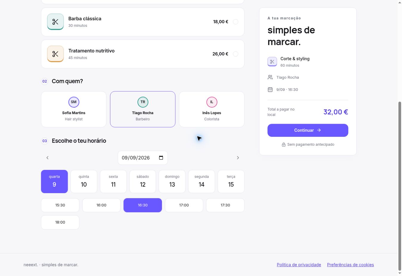 Página real de marcações da neeext. com profissional e horário selecionados
