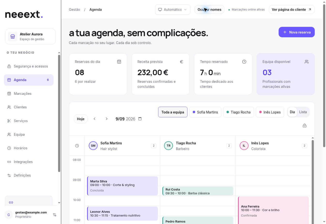 Área real de gestão da neeext. com agenda diária por profissional